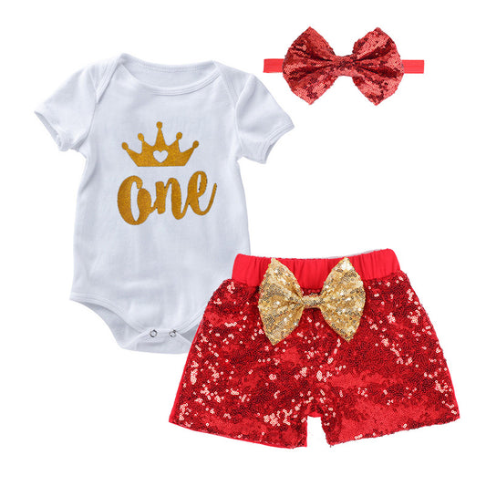 1st Birthday Baby Girl Sparkle Short Pant & Romper Set | Red