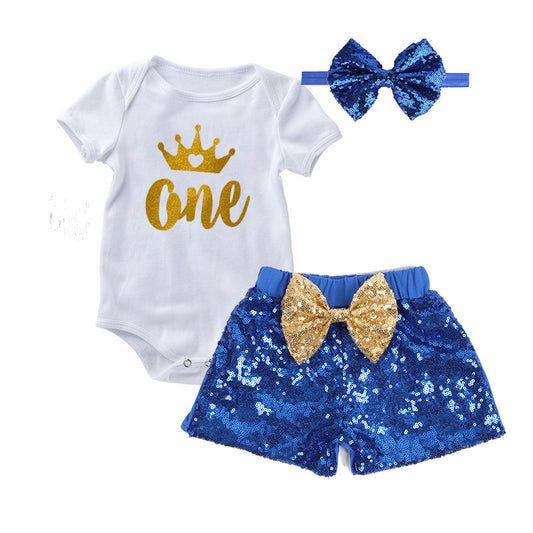 1st Birthday Baby Girl Sparkle Short Pant & Romper Set | Blue