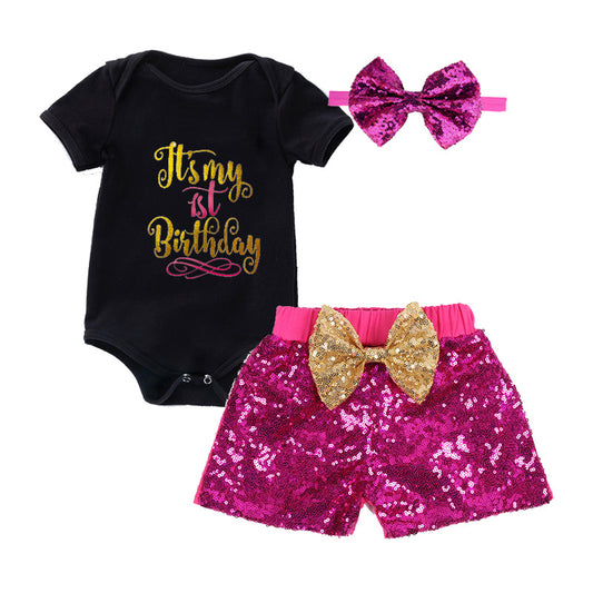 1st Birthday Baby Girl Sparkle Pink Short Pant & Black Romper Set