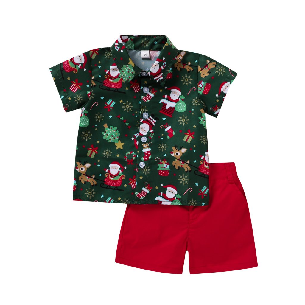 Christmas Print Half Sleeves Shirt and Red Pant Set