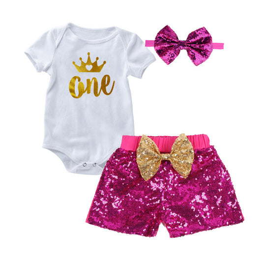 1st Birthday Baby Girl Sparkle Short Pant & Romper Set | Dark Pink