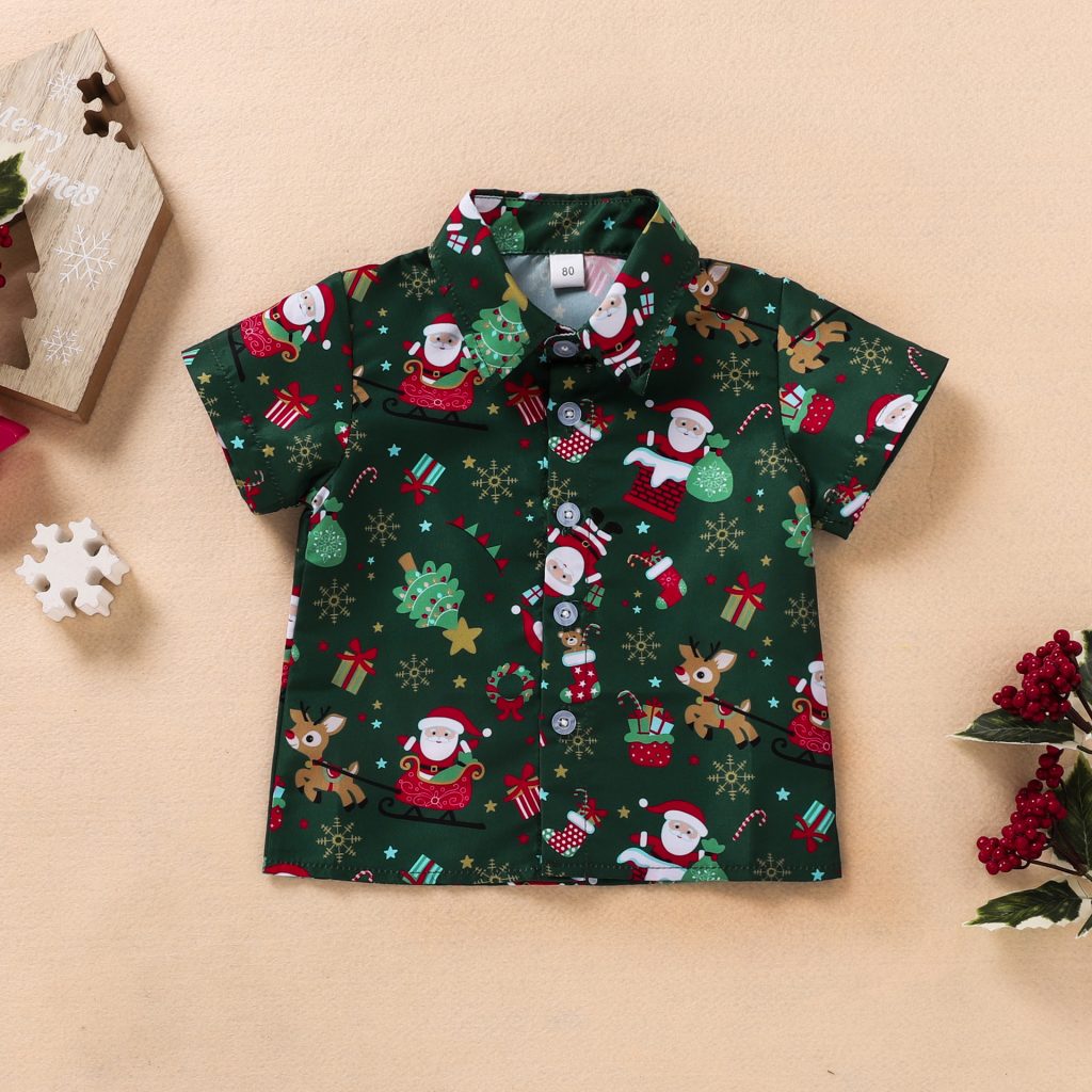 Christmas Print Half Sleeves Shirt and Red Pant Set