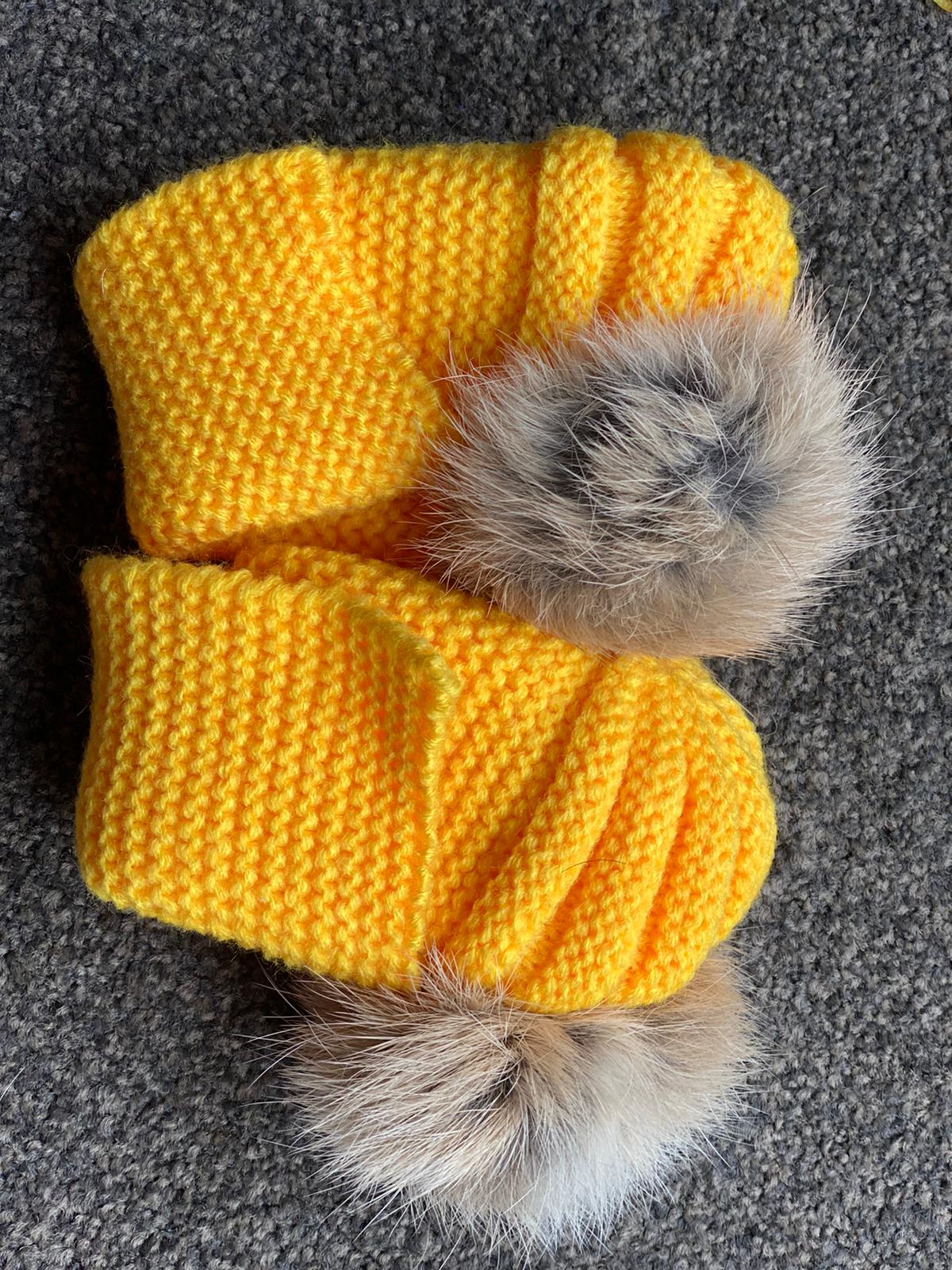 Knitted Acrylic Baby Booties with Real Rabbit Fur Pom Pom.
