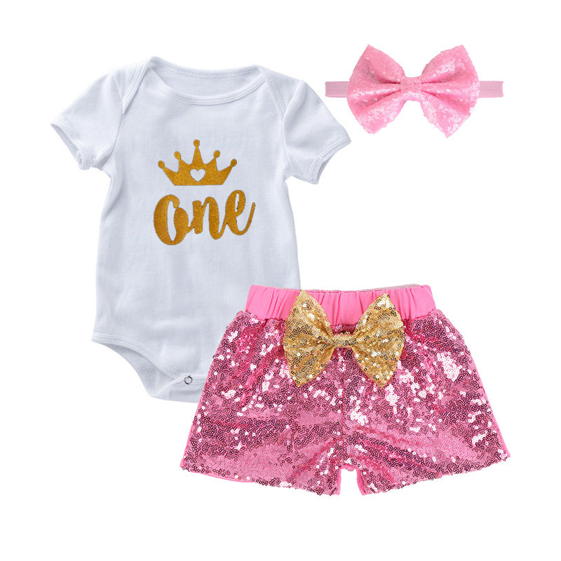 1st Birthday Baby Girl Sparkle Short Pant & Romper Set | Pink