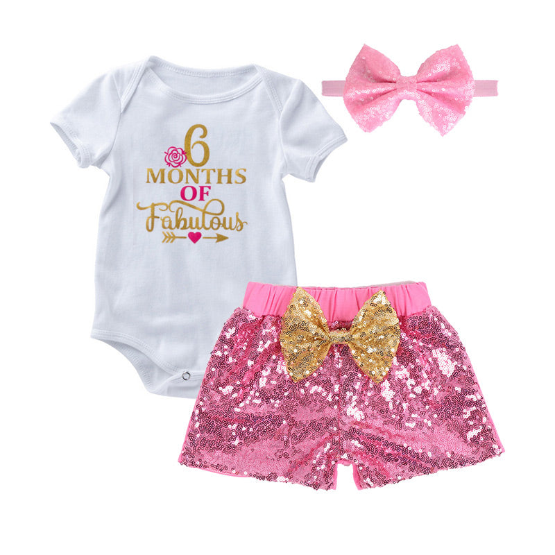 6 Months Birthday Baby Girl Sparkle Short Pant & Romper Set | Pink