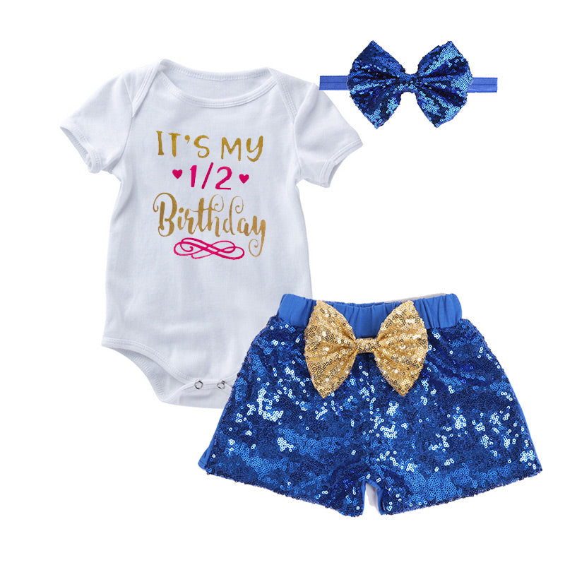 6 Months Birthday Baby Girl Sparkle Short Pant & Romper Set | Blue