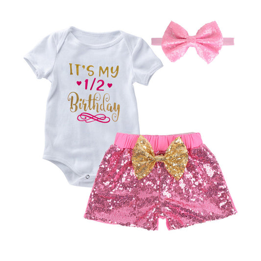 1/2 Birthday  Baby Girl Sparkle Short Pant & Romper Set | Pink