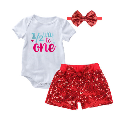 1/2 Way to One Baby Girl Sparkle Short Pant & Romper Set | Red