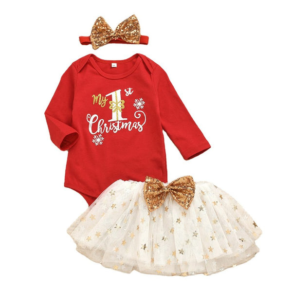 Girls Christmas Outfit Red Bodysuit with star print Tutu