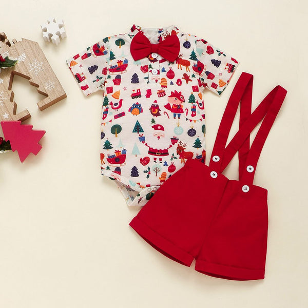 Christmas Print Baby Boy Bodysuit and Red Shorts.