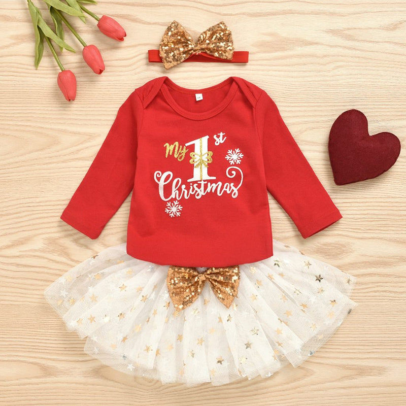 Girls Christmas Outfit Red Bodysuit with star print Tutu