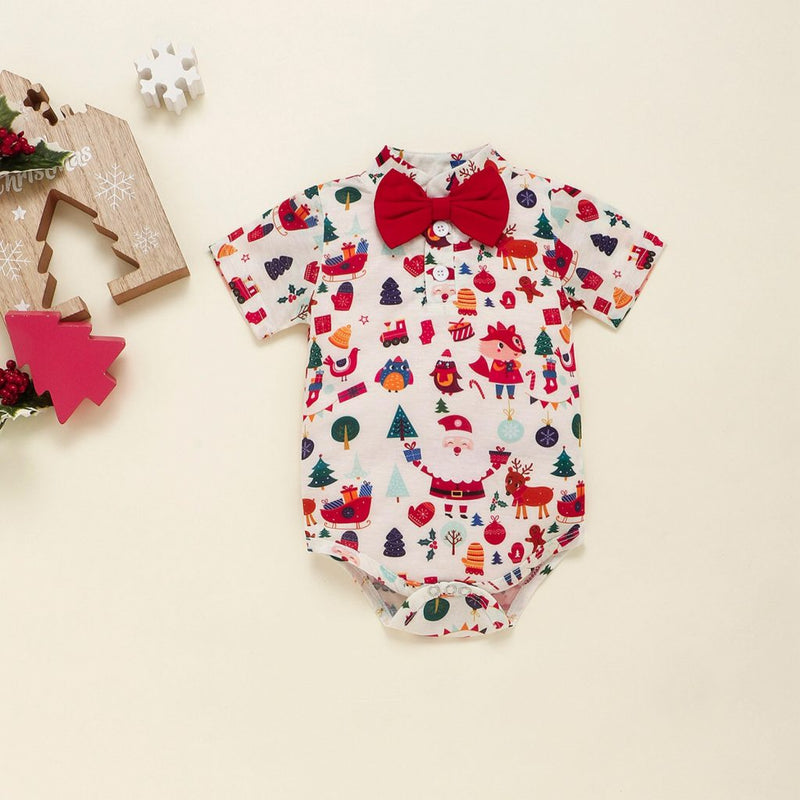 Christmas Print Baby Boy Bodysuit and Red Shorts.