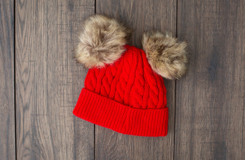 Knitted Acrylic Baby/Toddler Hat with Rabbit Fur Pom Pom.