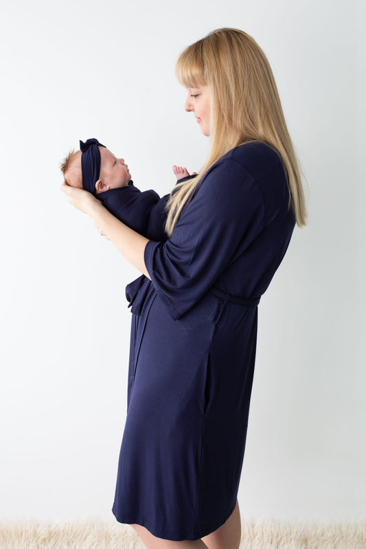 Indigo Blue Maternity Robe & Matching Swaddle Set.