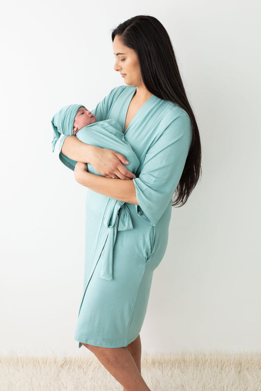 Light Cyan Maternity Robe & Matching Swaddle Set.