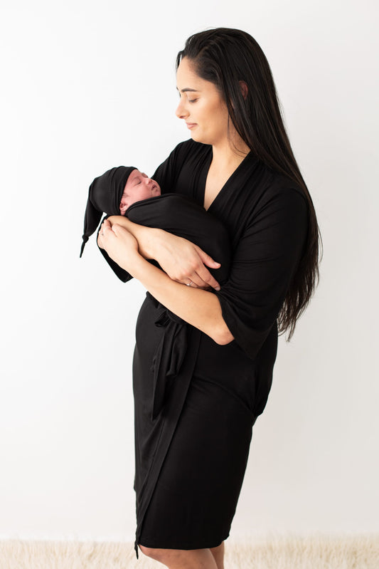 Black Maternity Robe & Matching Swaddle Set.